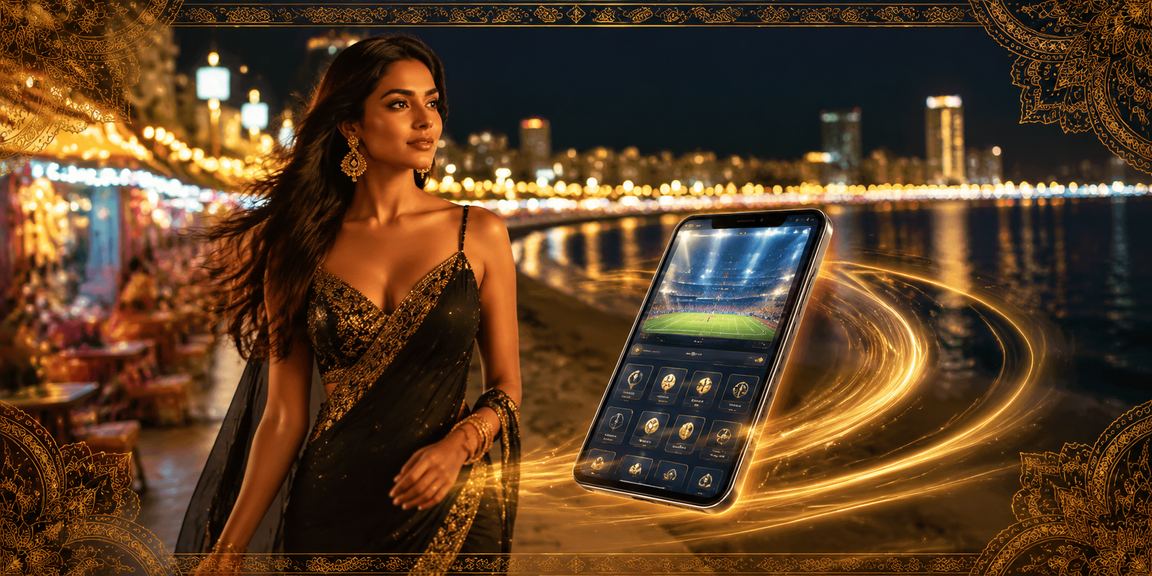 Sports betting complex lit up in Mumbai Marine Drive at night